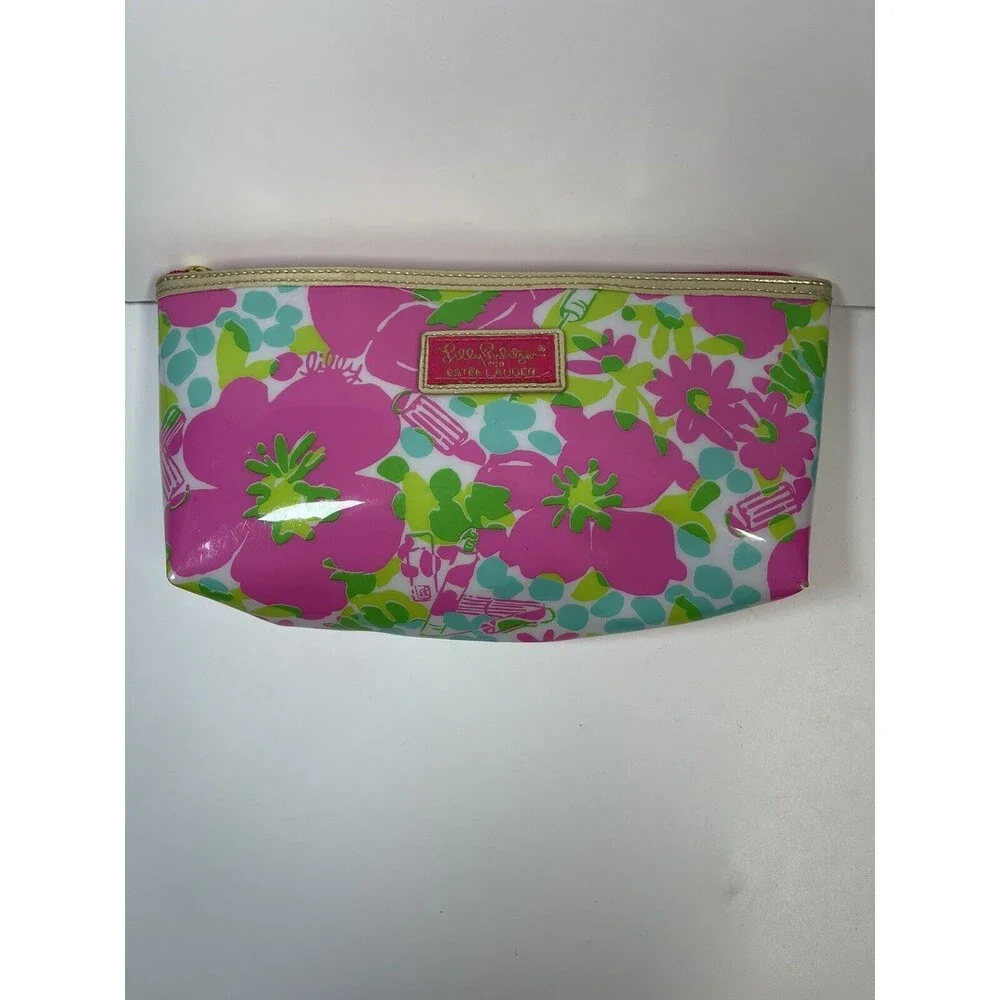 Lilly Pulitzer Bundle Lot Of 2 Vinyl Estee Lauder Zip Bags & Notebook